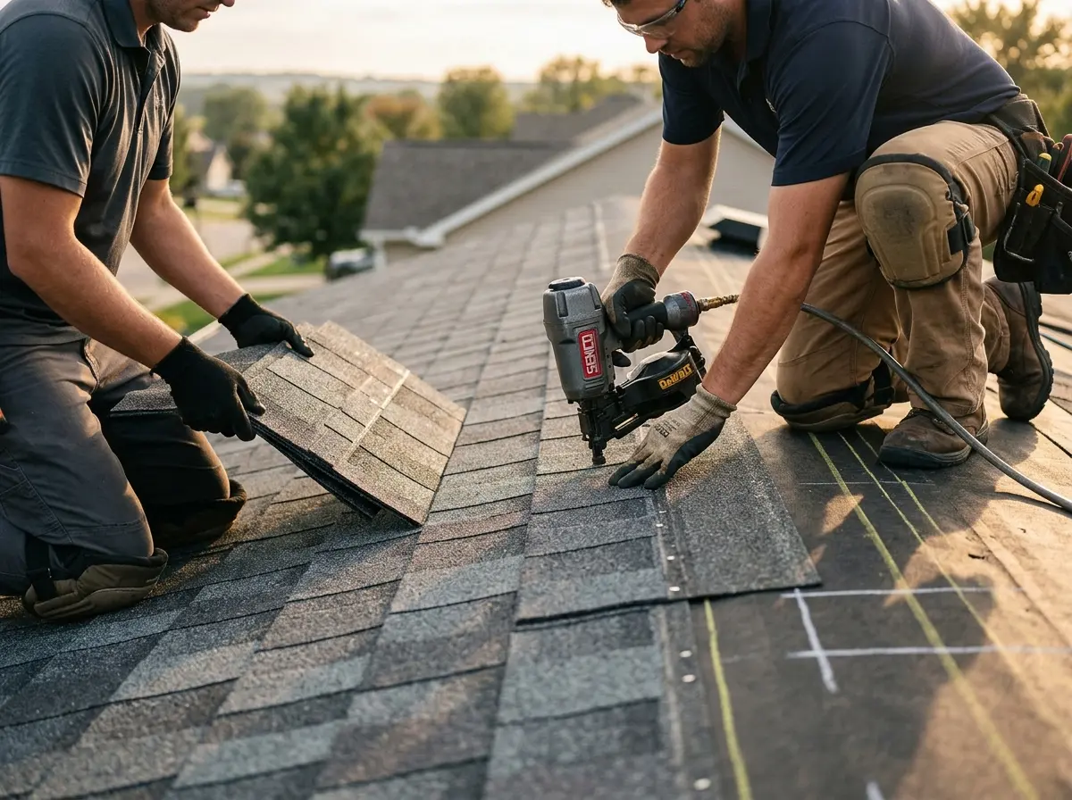 Professional roofer working on a residential roof in Minnetonka